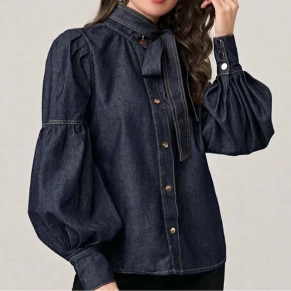 NEW WOMEN'S TIE NECK LANTERN SLEEVE DENIM BLOUSE US Size XS - Picture 3 of 7